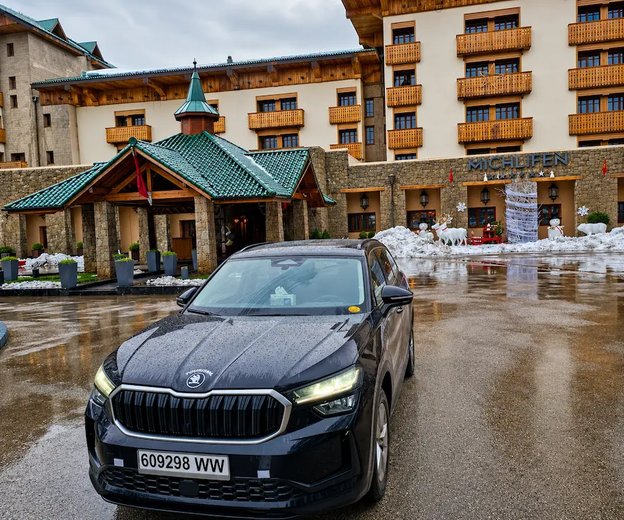Private Skoda transfer car waiting outside a Tangier hotel for an airport pickup