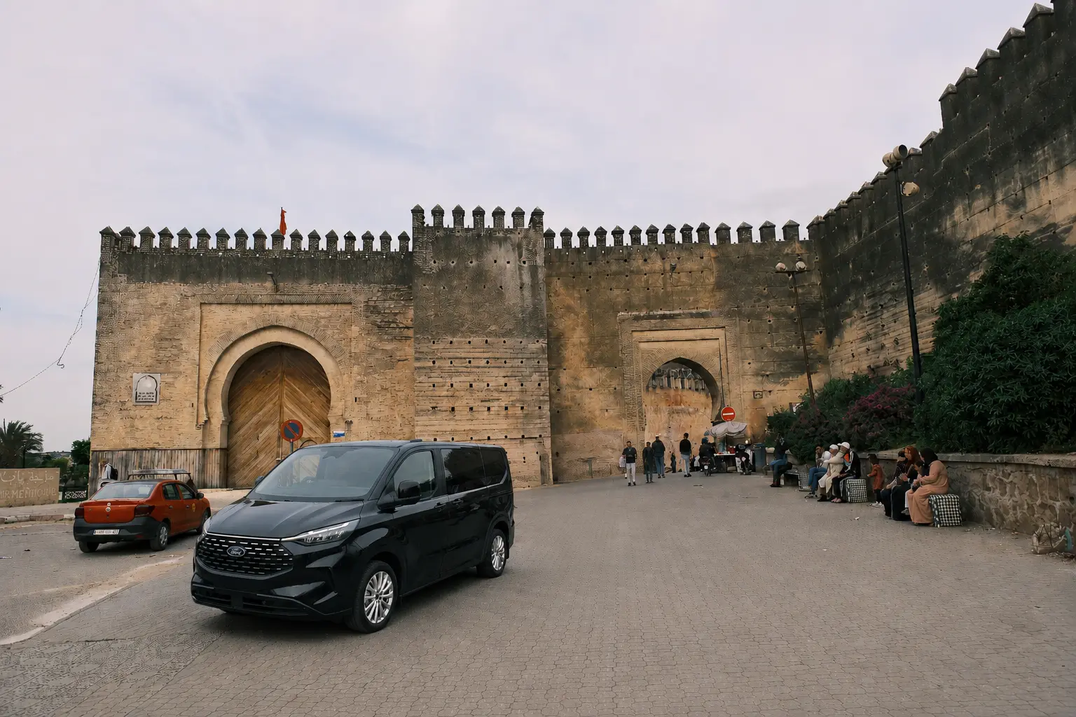 Private transfer van at Bab Mahrouk, the western edge of the Fès el-Bali medina in Fez, Morocco