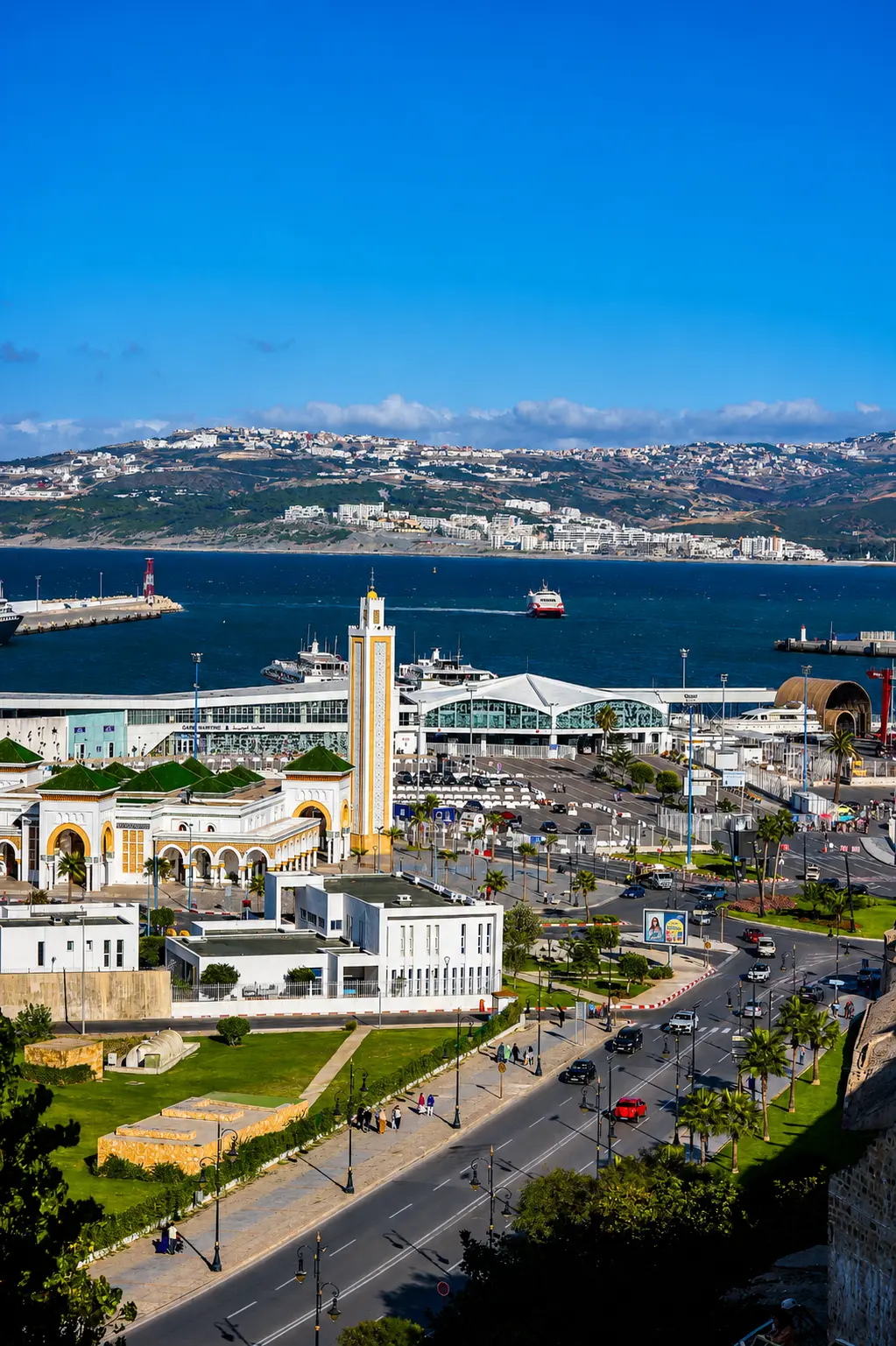 High angle view of the coastal city of Tangier, Morocco from the historic Kasbah overlooking the harbor and city streets